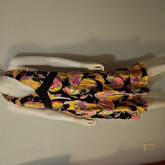 Vtg ROBBIE BEE Vibrant Multicolor Floral Mod Satin Halter Silk Dress - Picture 3 of 12